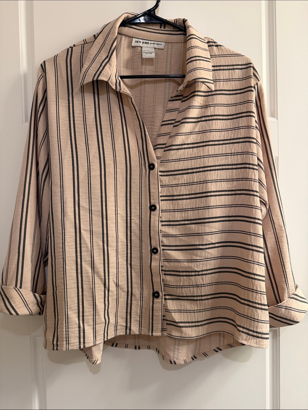 New York & Company Beige and Black Striped Button-Front Shirt